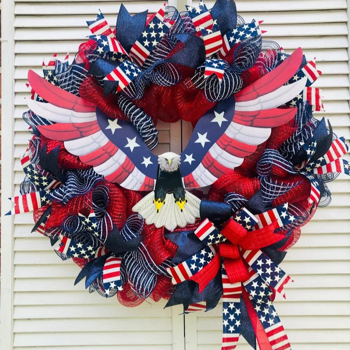 Unisex handmade decorative wreath made of polyester mesh with eagle centerpiece and Americana ribbons Bowlift
