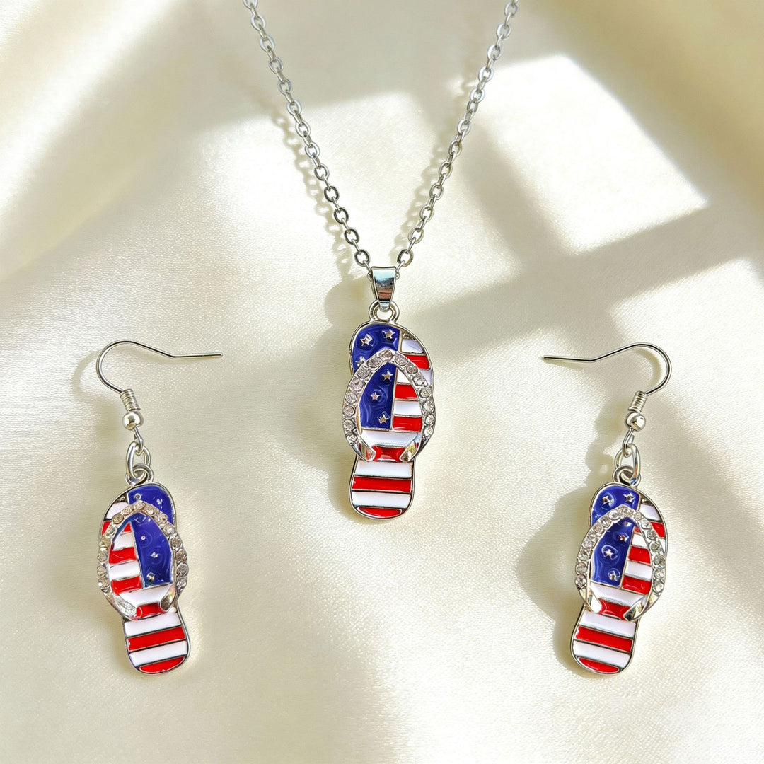 Women's patriotic jewelry set flip-flop pendant necklace and earrings with enamel and crystal embellishment Bowlift
