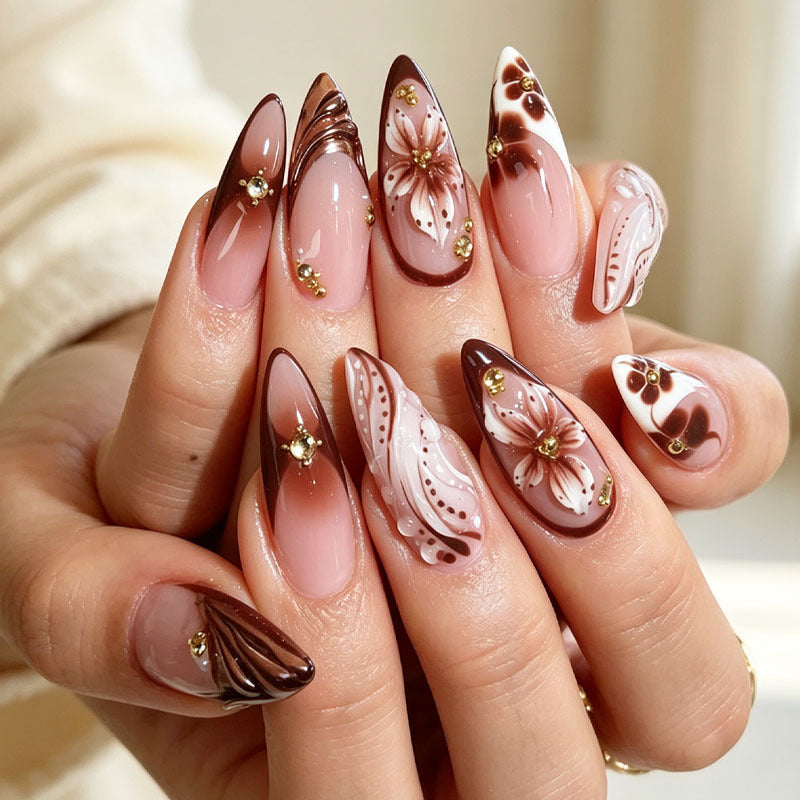 Premium Floral Design Press-On Nail Tips Set Bowlift