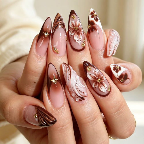 Premium Floral Design Press-On Nail Tips Set Bowlift