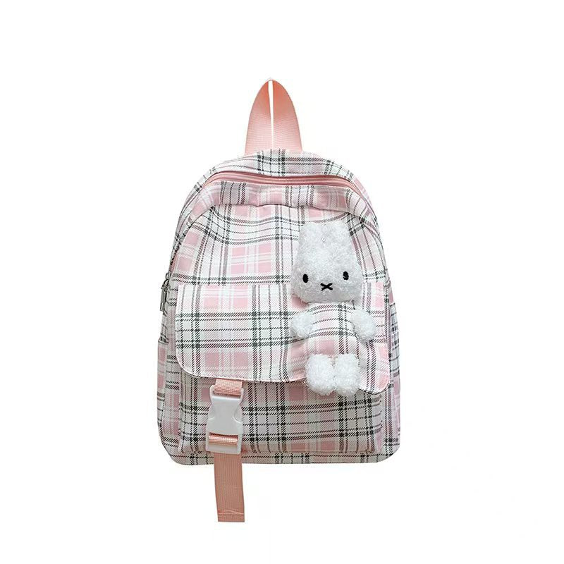 Backpack with Playful Checkered Pattern and Cute Plush Pendant Bowlift