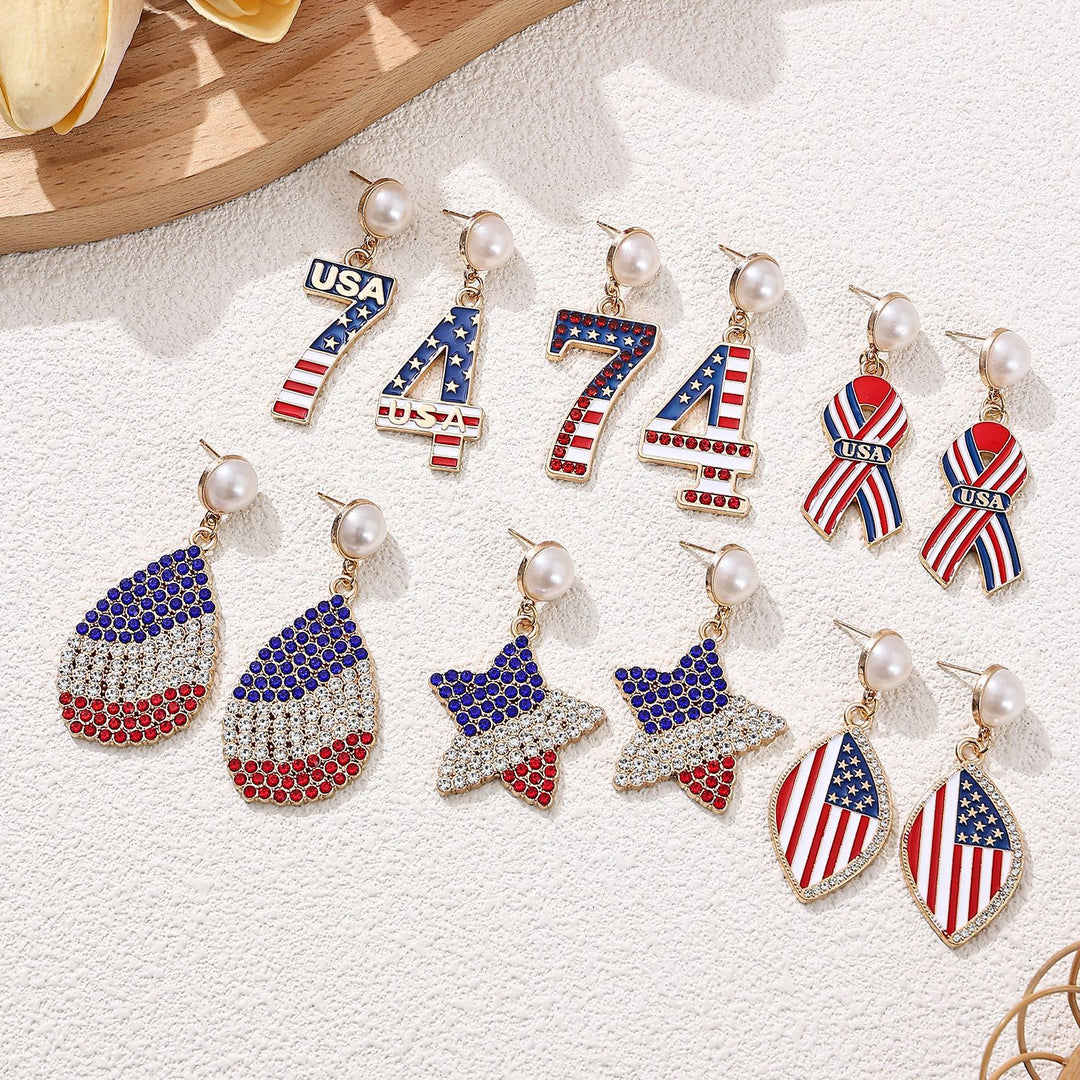 Women's nan patriotic enamel number drop earrings with faux pearl studs Bowlift