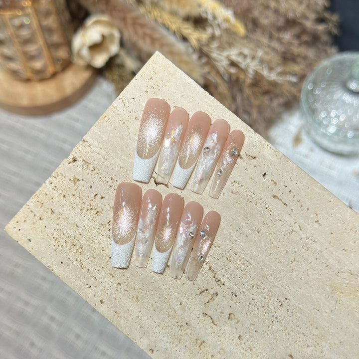 Elegant Press-On Nail Set with Floral and Gemstone Accents Bowlift