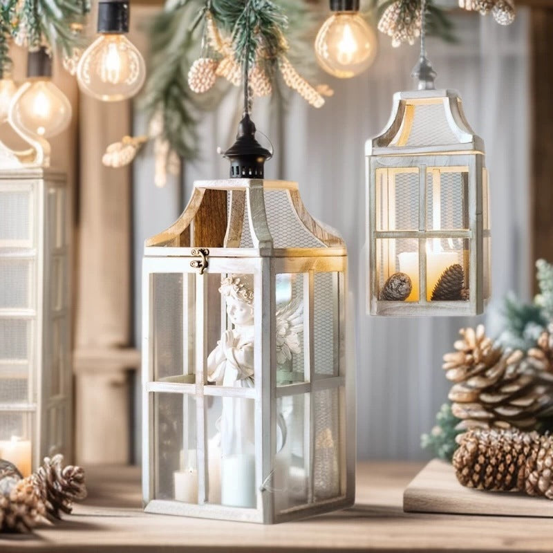 Rustic Windowpane Glass and Wood Candle Lantern with Hinged Door Bowlift