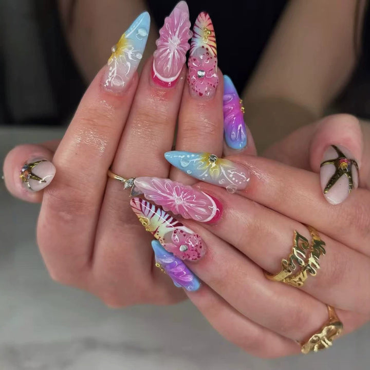 Artistic Press-On Nail Set with Floral 3D Design Bowlift