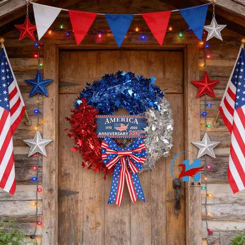 Unisex nan more patriotic door wreath made of tinsel with star embellishments and large bow Bowlift
