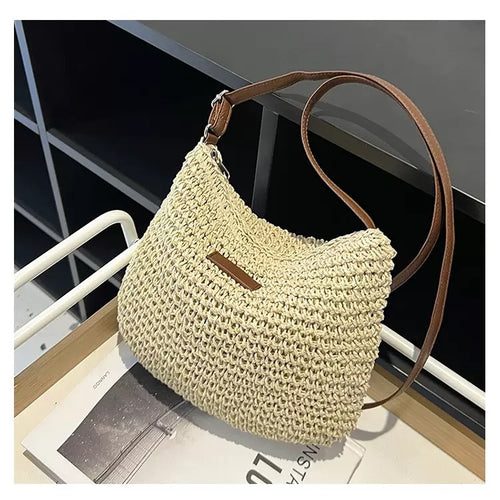 Handwoven shoulder bag with brown leather accent Bowlift