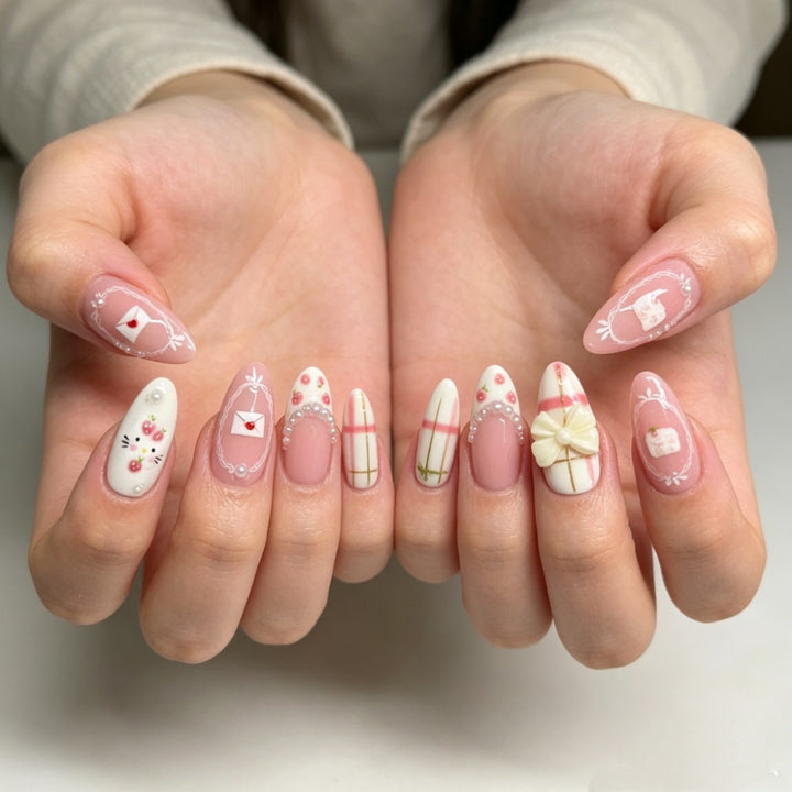 Decorative Press-On Nail Art Set with Floral and Bow Designs Bowlift