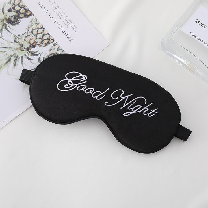 Unisex embroidered contoured sleep mask with decorative text embroidery and adjustable elastic band Bowlift