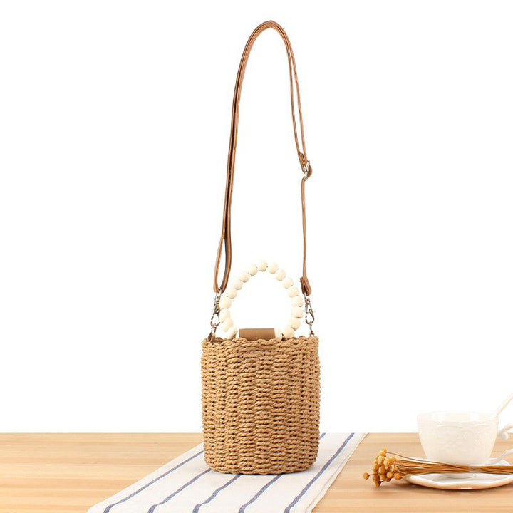 Handbag Made of Woven Natural Material with Decorative Wooden Handle Bowlift