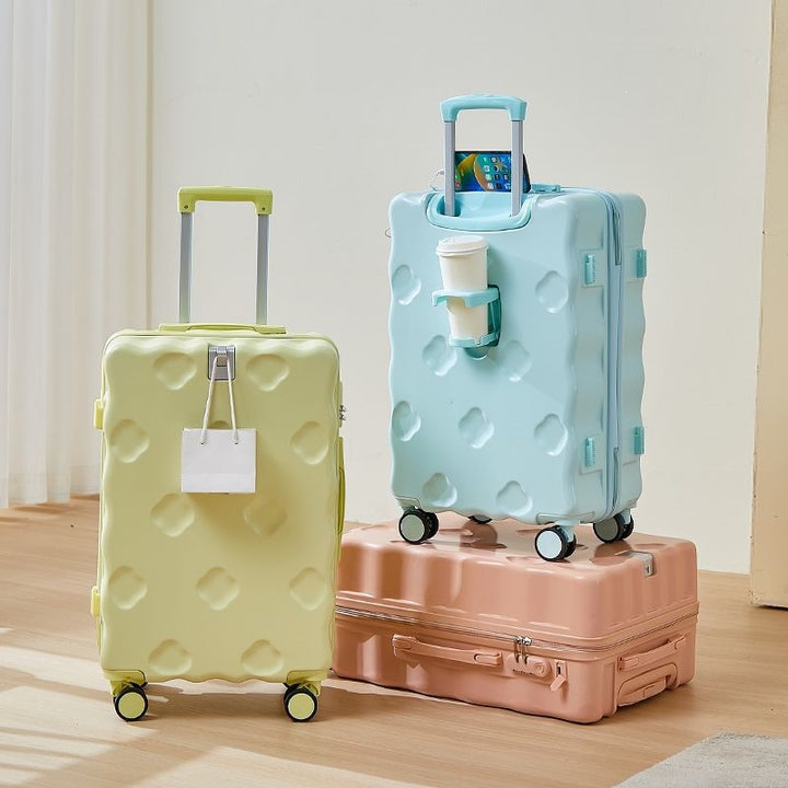 hard-shell carry-on suitcase with integrated foldable cup holder phone cradle USB charging port and external bag hooks Bowlift
