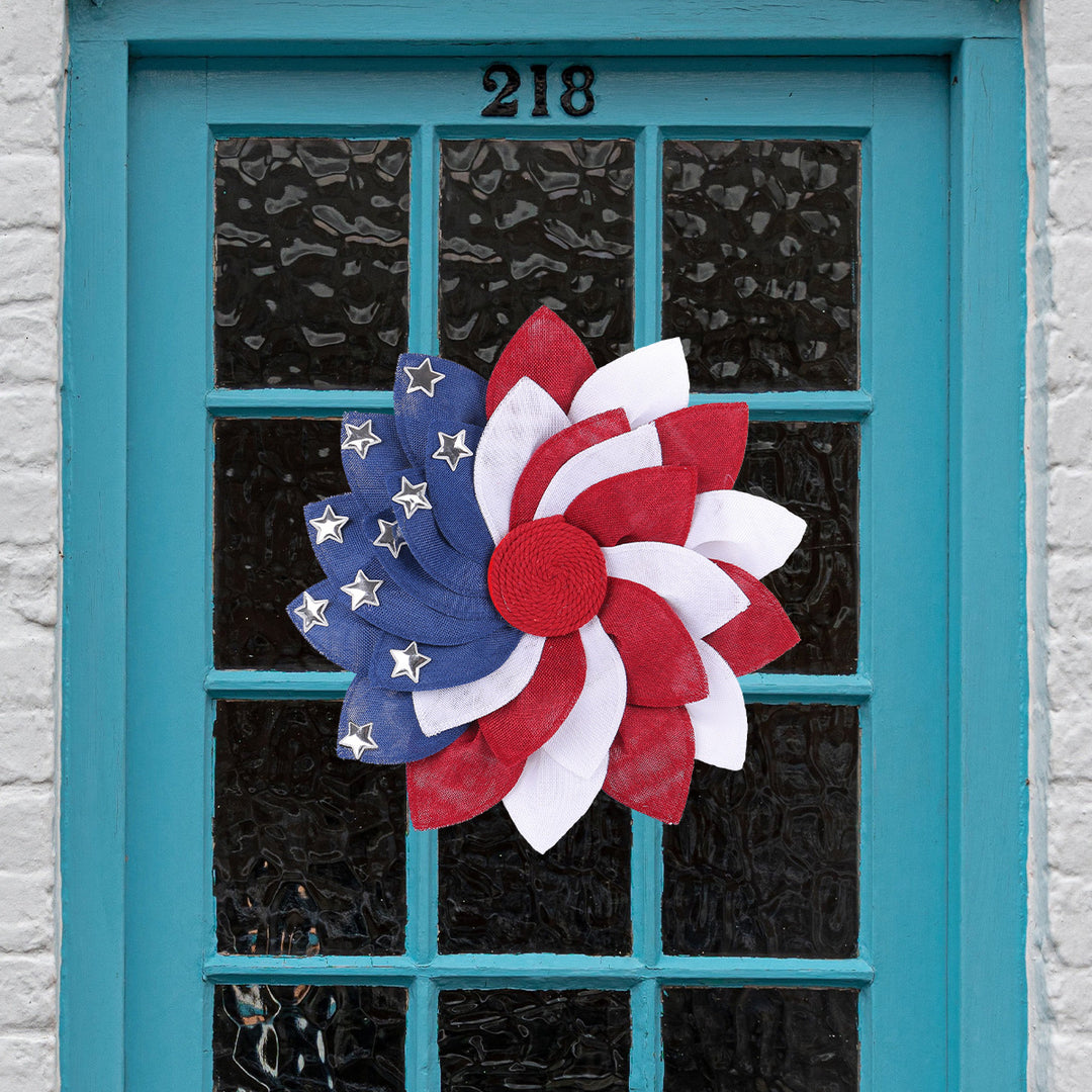 Unisex nan more patriotic door wreath made of layered fabric flowers with metal stars Bowlift