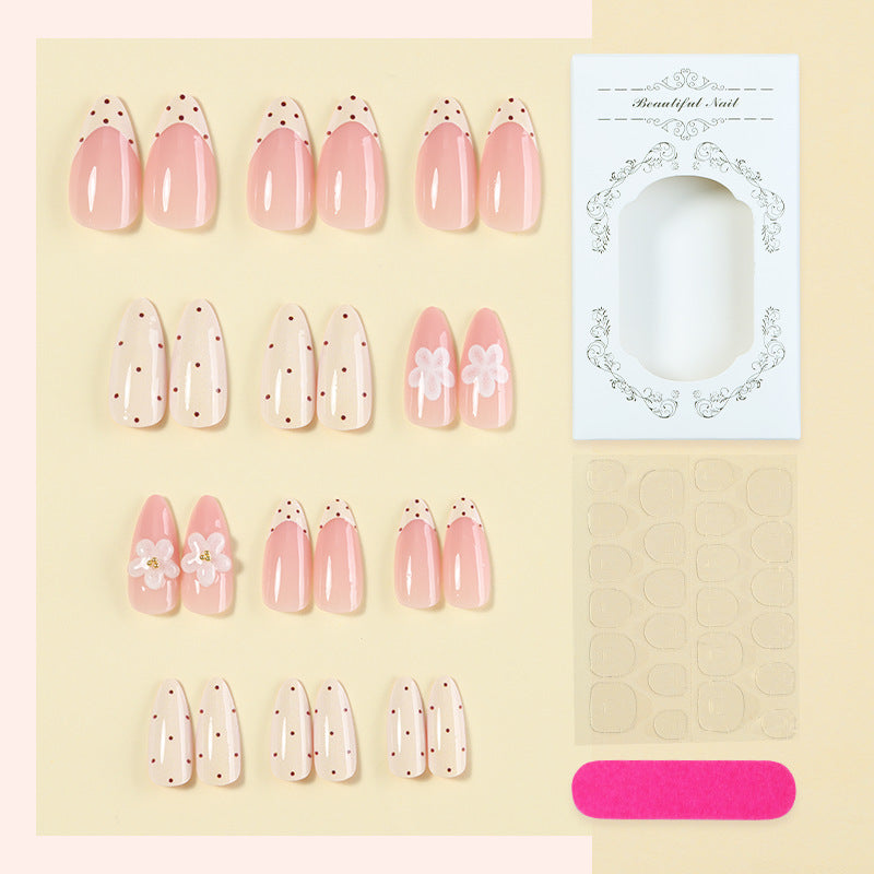 Elegant Press-On Nail Set with Floral and Polka Dot Designs Bowlift
