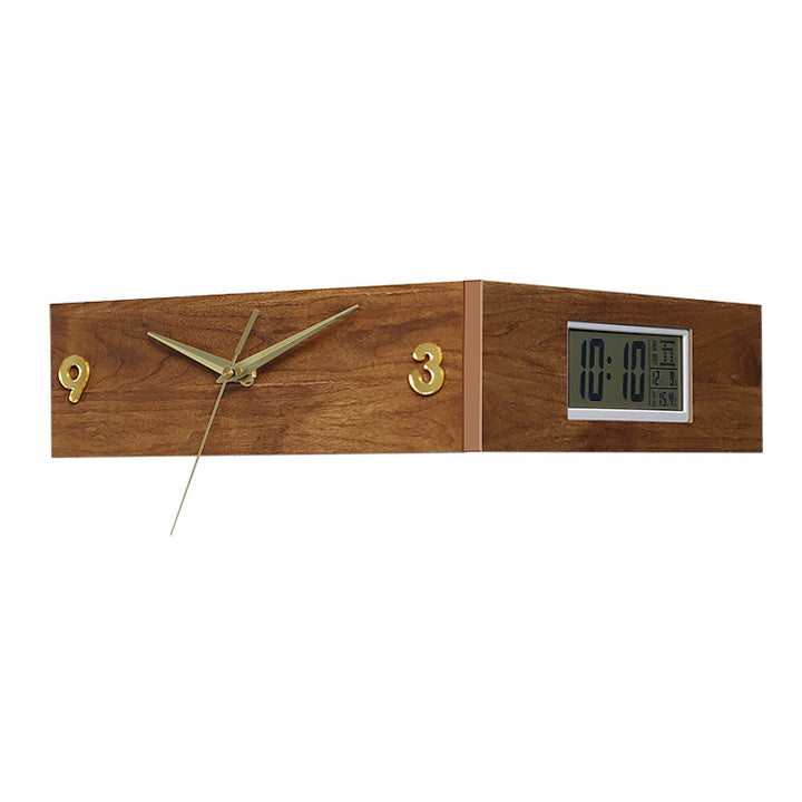 Corner-Mount Dual-Display Wooden Wall Clock with Analog Hands and LCD Panel Bowlift