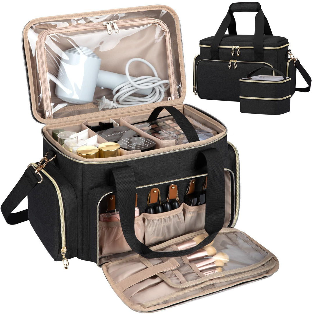 Cosmetic organizer bag with multiple compartments and transparent pockets Bowlift