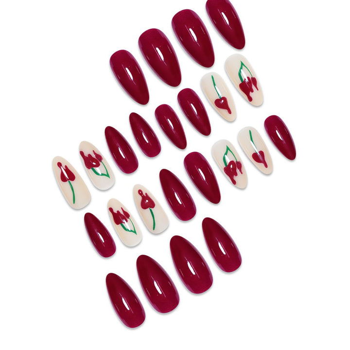 Artistic Press-On Nail Extensions with Cherry Design Bowlift