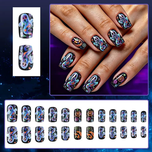 Creative nail art set with colorful Halloween designs and glitter effects Bowlift