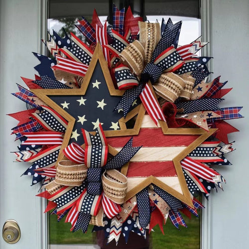 Unisex nan more patriotic front door wreath made of wood and jute ribbon with layered star and bow details Bowlift