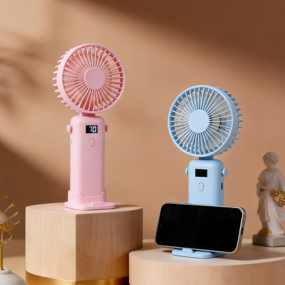 Portable USB Hand Fan with Digital Speed Display and Flexible Holder Bowlift