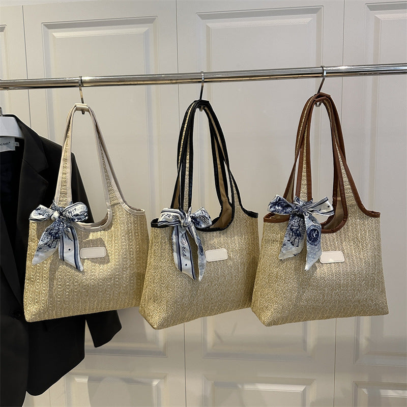 Textured Weave Tote Bag with Elegant Bow Bowlift