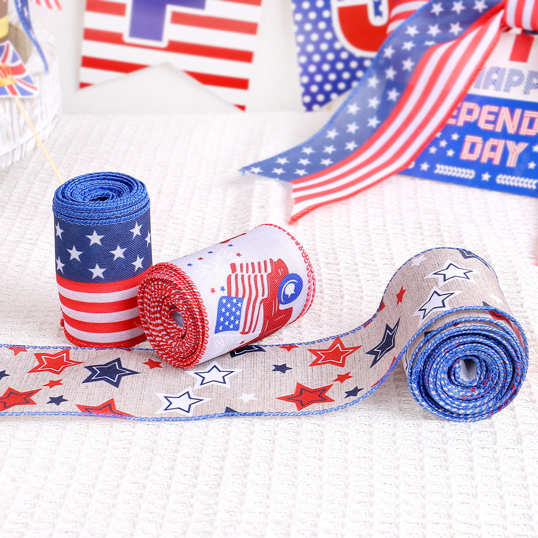 Unisex nan decorative wired Americana craft ribbon set with stars stripes truck and flag print Bowlift