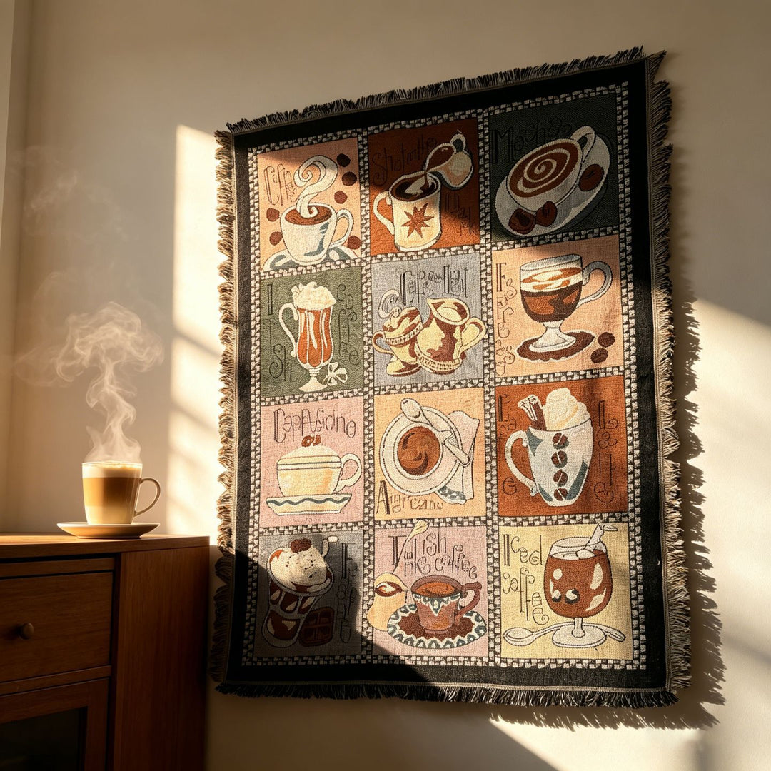 Coffee-Themed Tapestry Throw Blanket