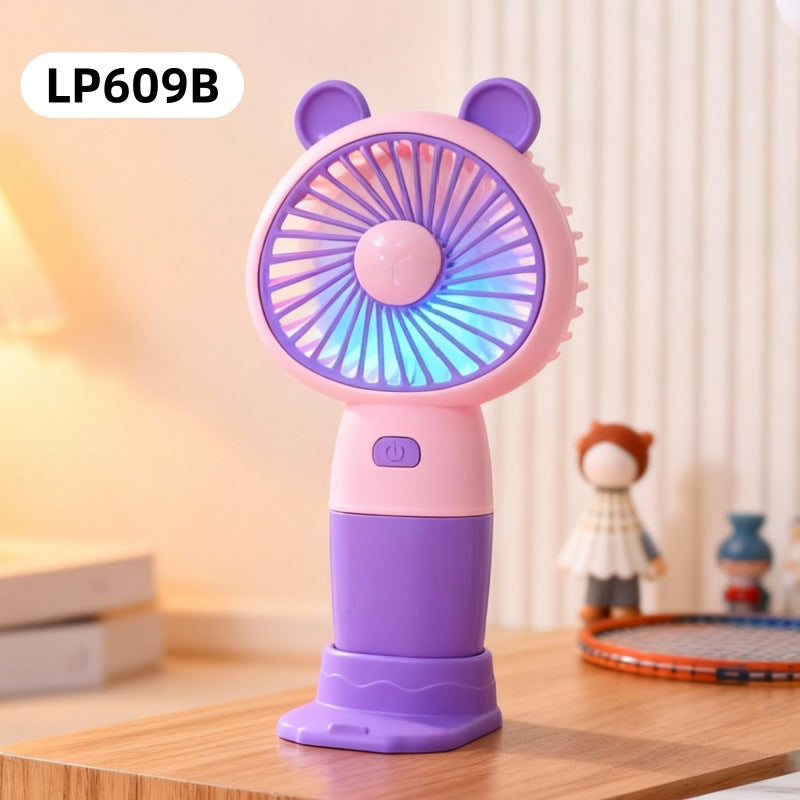 Ladies portable hand fan with LED light and creative animal ears bowlift