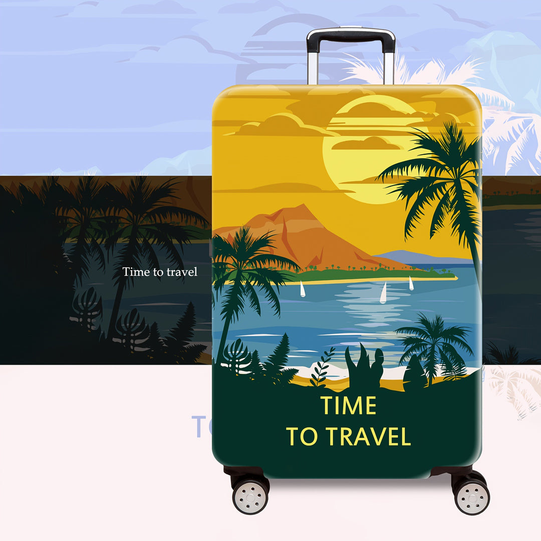Unisex hard shell trolley printed with tropical sunset design, four wheels, expandable and lightweight, integrated combination lock Bowlift