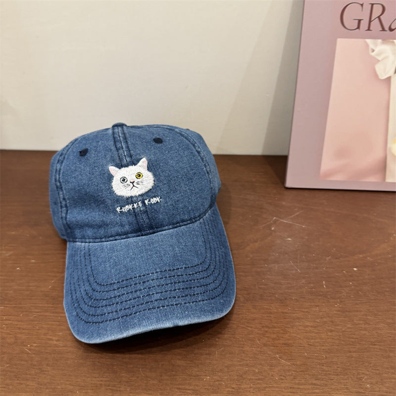 Women's Casual Cotton Baseball Cap with Cat Embroidery Bowlift