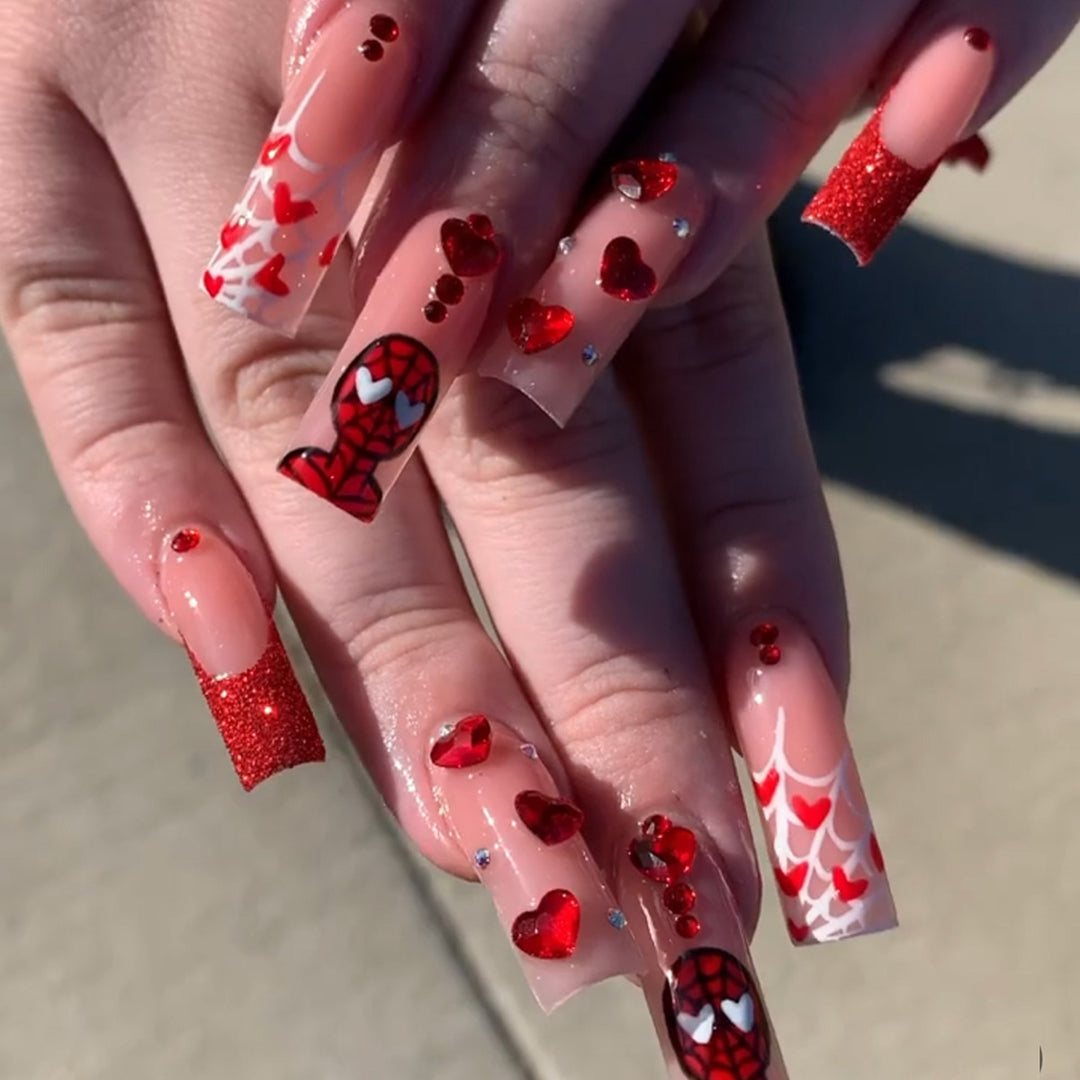 Luxury Press-On Nail Set with Glamorous Heart and Glitter Designs Bowlift
