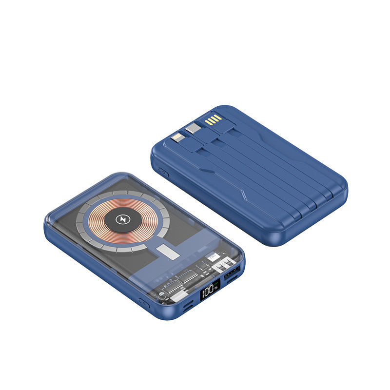 Portable power bank with wireless charging function and integrated cable system Bowlift