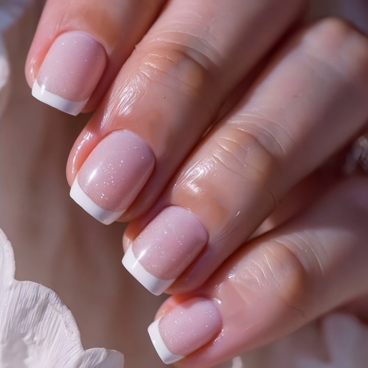 Elegant Artificial Nails with French Manicure and Glitter Effects Bowlift