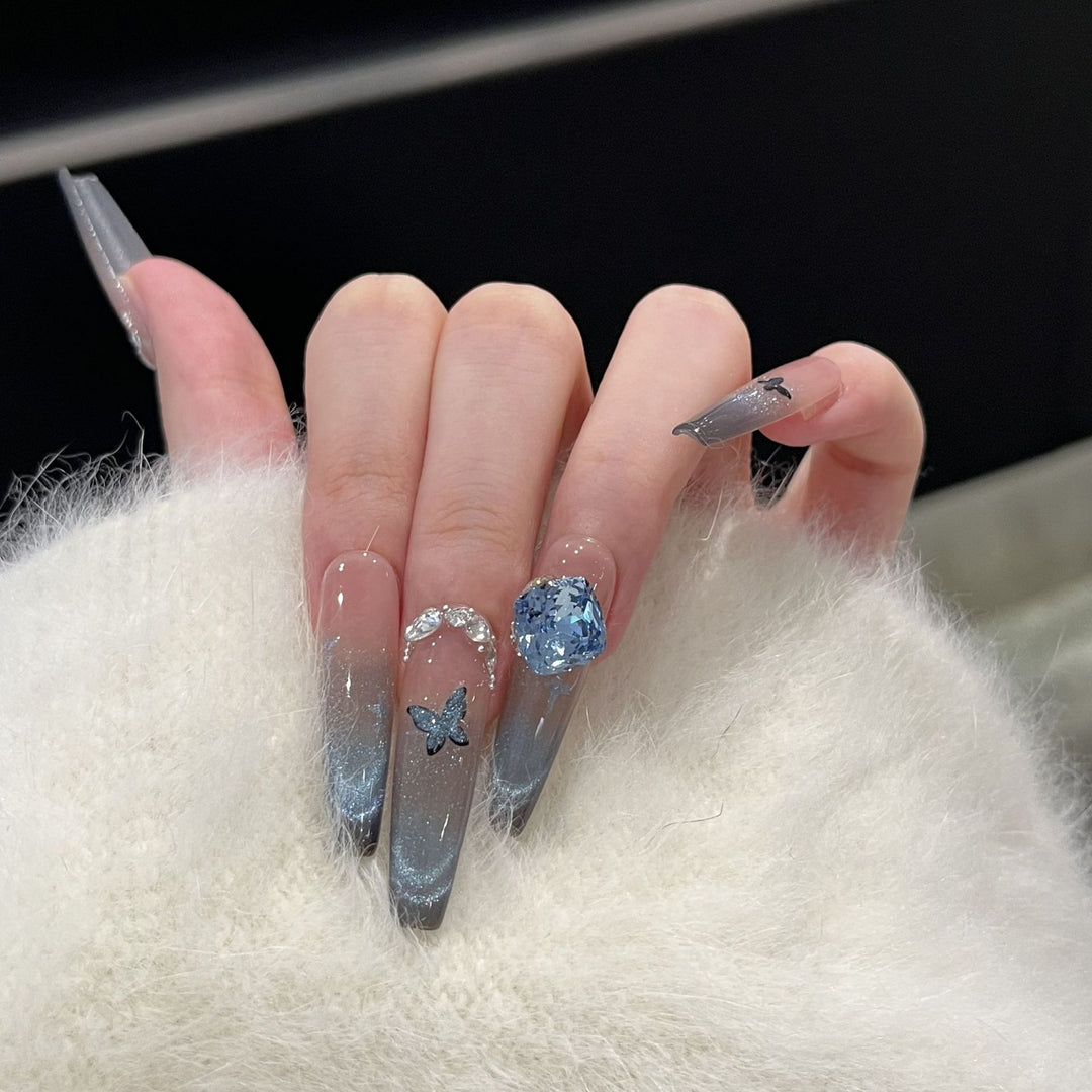 Artistic Ombre Press-On Nail Art Set with Butterfly and Gemstone Accents Bowlift