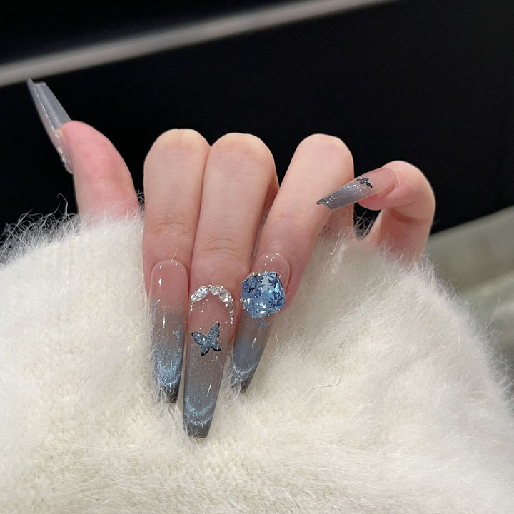 Artistic Ombre Press-On Nail Art Set with Butterfly and Gemstone Accents Bowlift