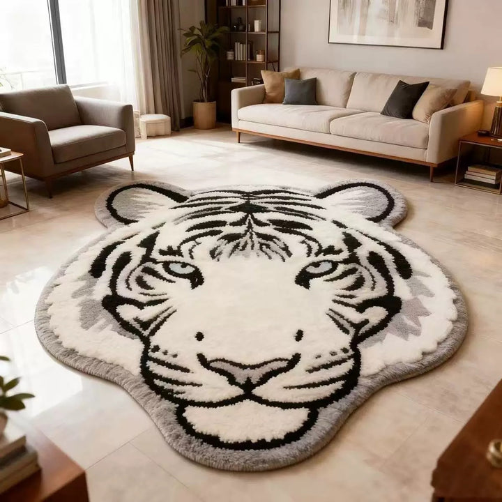Luxurious faux fur tiger head area rug with non-slip backing Bowlift
