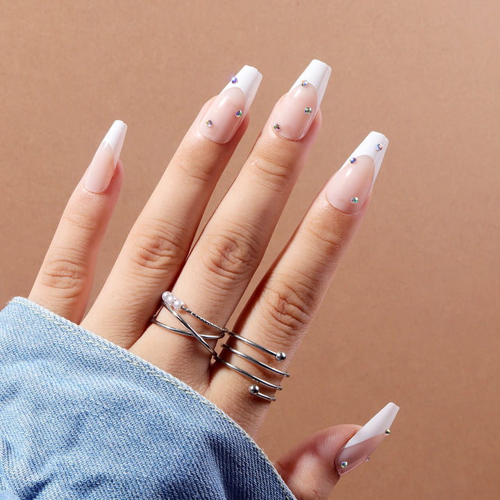 Elegant Iconic French Tip Press-On Nails with Rhinestone Accents Bowlift