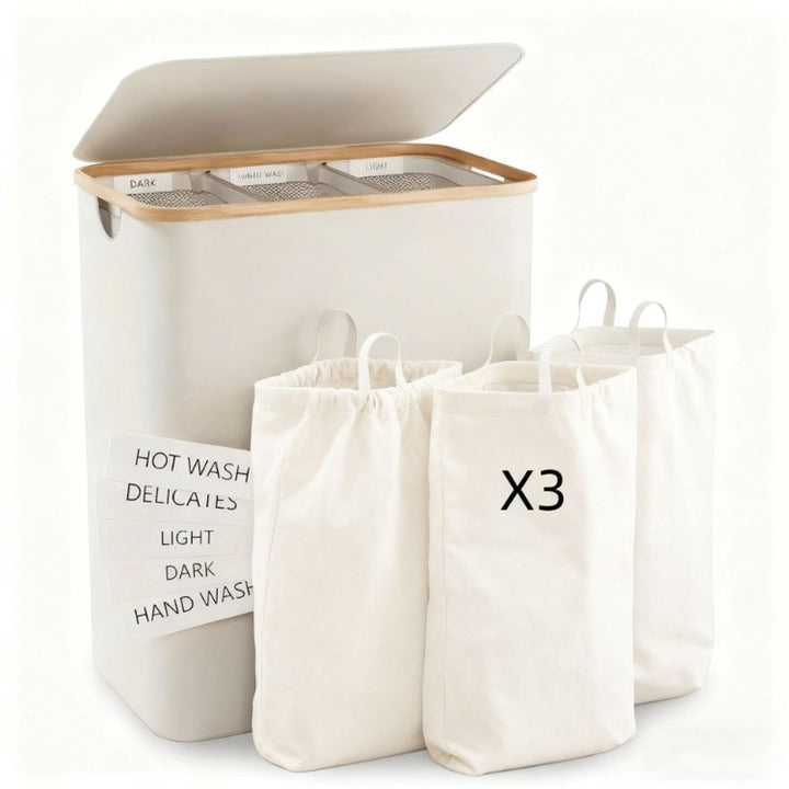 Laundry separation system with three compartments and removable inner pockets Bowlift
