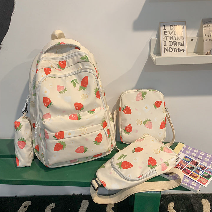 Stylish Strawberry Print Backpack Set