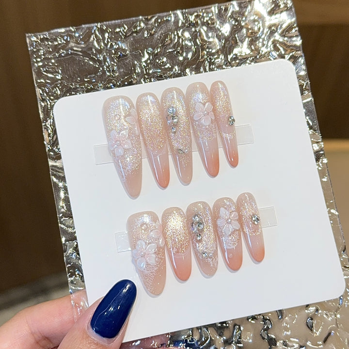 Artificial nails with floral design and glitter Bowlift