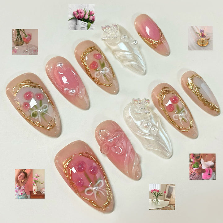 Art nail set with sparkling flowers and decadent accents Bowlift
