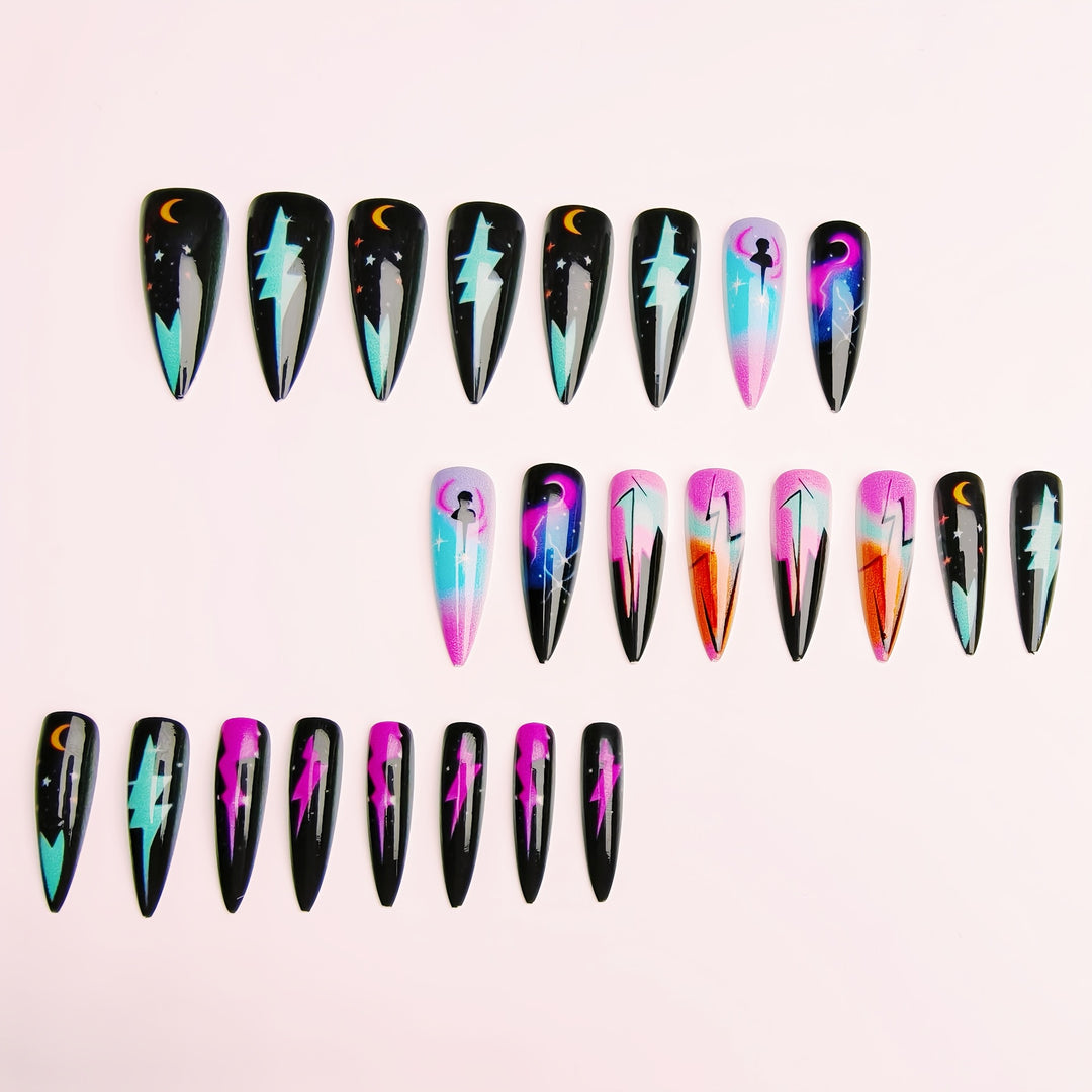 Creative artificial nails with neon light flash design Bowlift