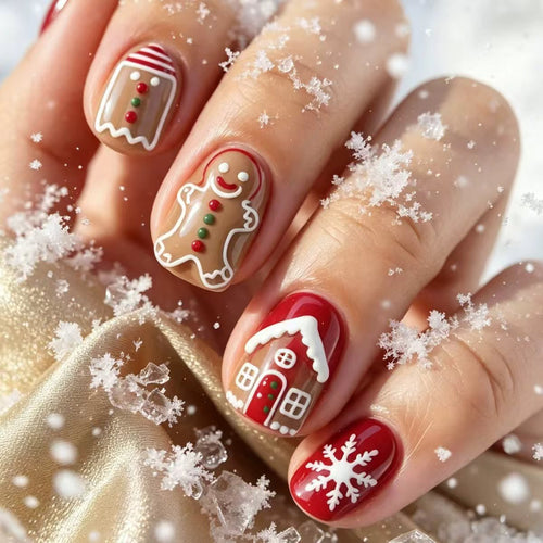 Artificial nails in Christmas gingerbread house design Bowlift