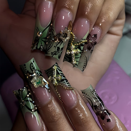 Decorative Floral Press-On Nails with Gem Accents Bowlift