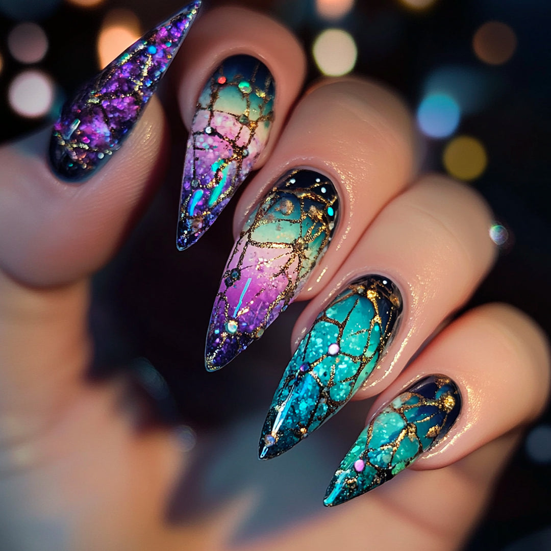 Exclusive stiletto artificial nails with glitter and ombre design Bowlift