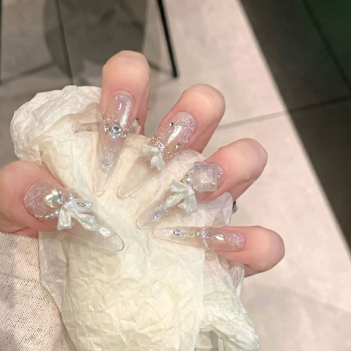 Elegant Press-On Acrylic Nail Set with Decorative Bow and Glitter Accents Bowlift