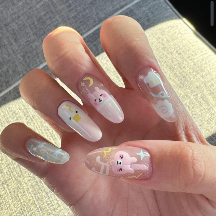 Decorative Long Stiletto Press-On Nails with Heart and Floral Accents Bowlift