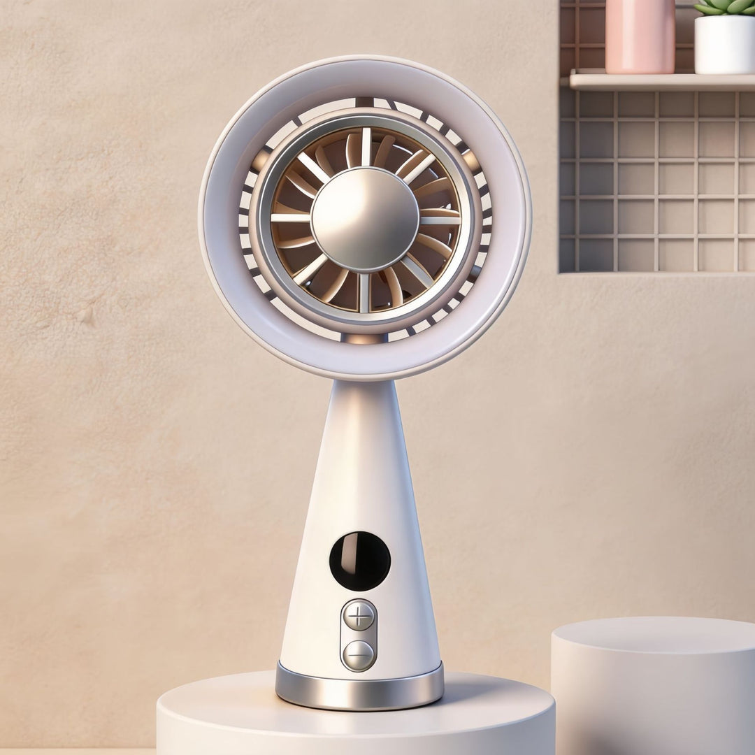 Women's Portable Mini Fan with LED Lighting and Digital Speed Display Bowlift