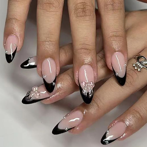 Elegant Stiletto Press-On Nail Art Set with Decorative Floral and Rhinestone Accents Bowlift