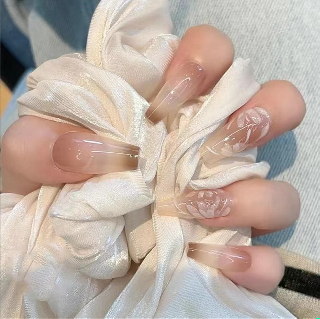 Decorative Long Stiletto Press-On Nails with Heart and Floral Accents Bowlift