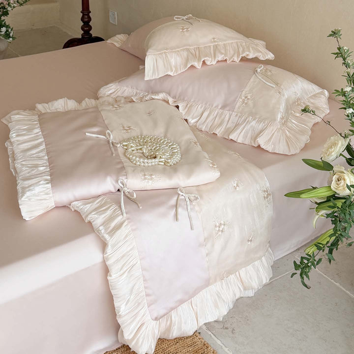Luxury Ruffled Embroidered Satin Bedding Set